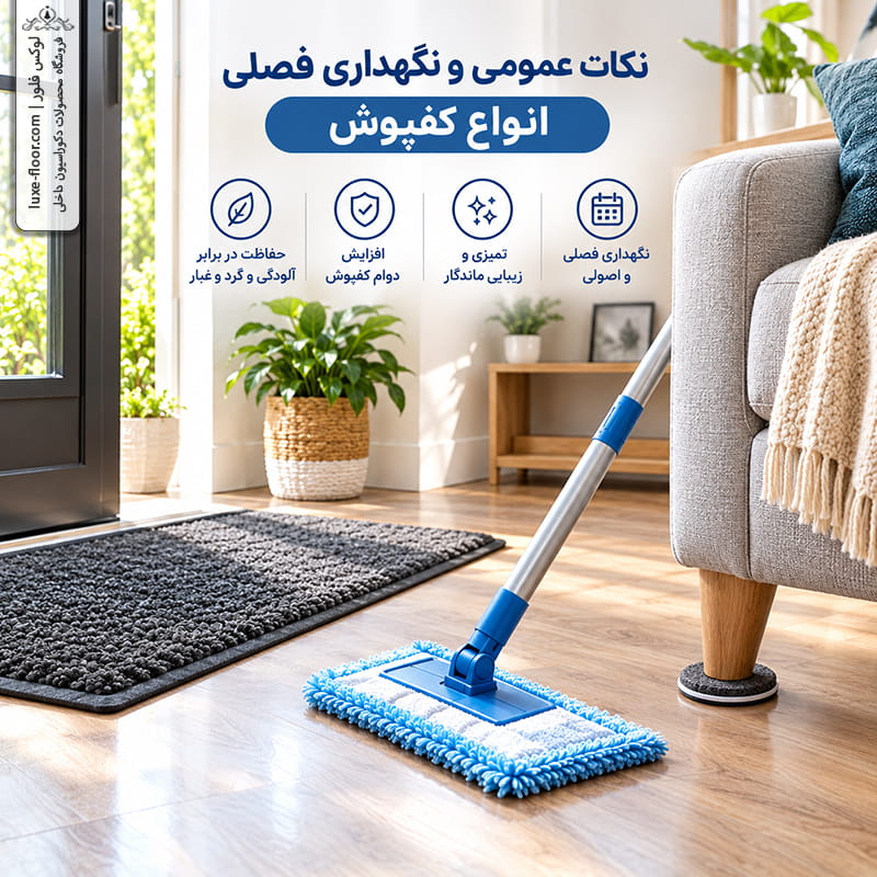 تصویری ترکیبی از پادری ضخیم در ورودی، پد محافظ زیر پایه مبل و تی میکروفایبر روی کفپوش، با نور طبیعی و حس نظم و مراقبت.